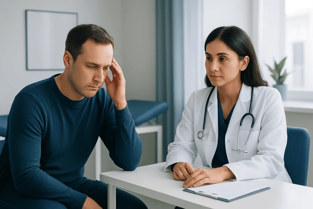 Doctor consulting with a patient about health concerns in a clinic setting.