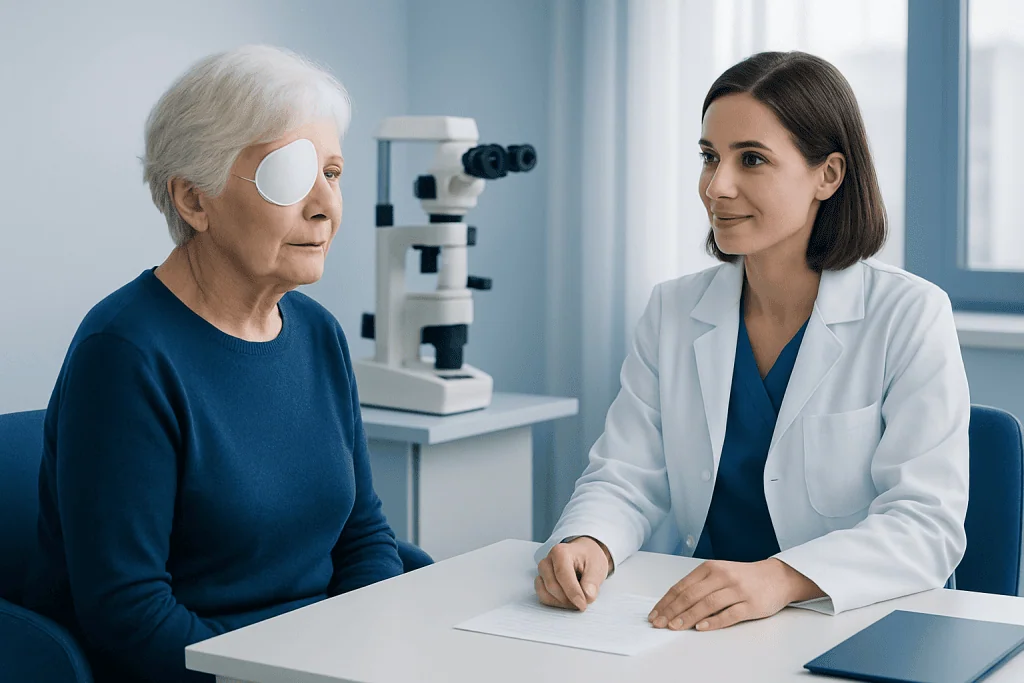 Elderly woman with eye patch consulting with doctor after cataract surgery.