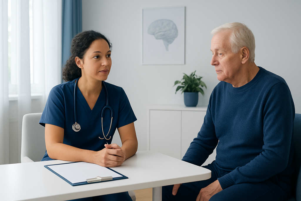 Doctor consulting with elderly patient in a medical office.