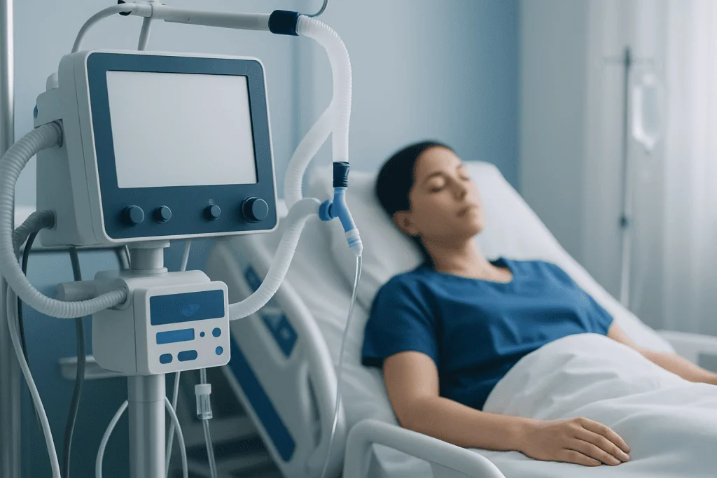 Patient resting in hospital bed with medical ventilator nearby.