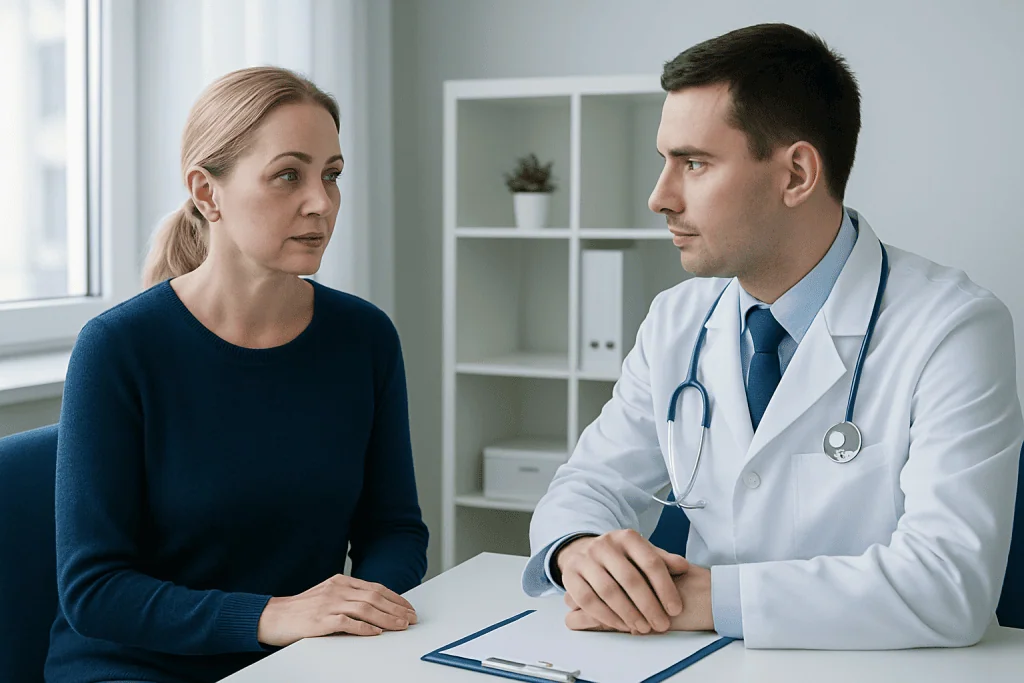 Doctor consulting with a patient about facelift recovery and healing process.