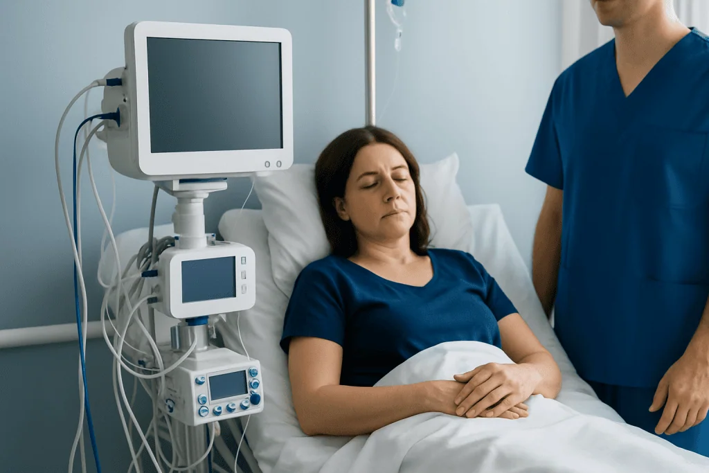 Patient in hospital bed with medical monitors and healthcare professional nearby.