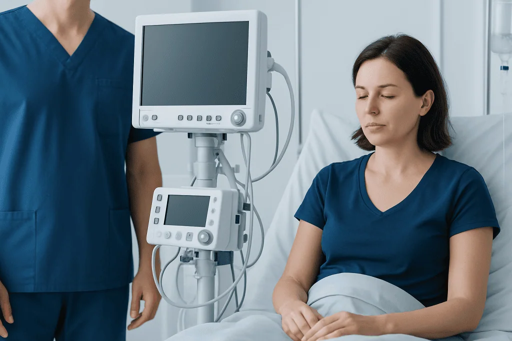 Patient undergoing neurological monitoring in a hospital setting.