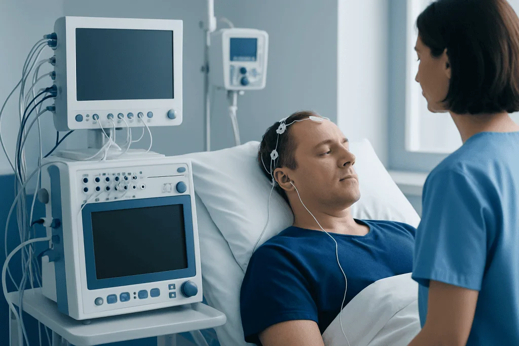 Patient in hospital bed connected to monitoring equipment and nurse attending.