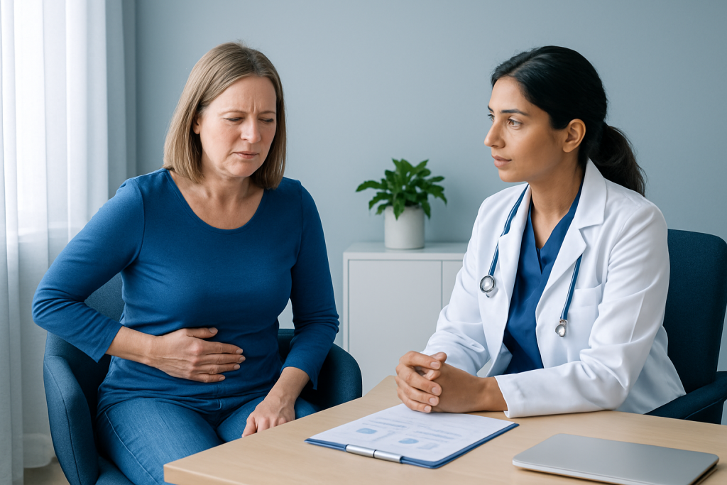 Doctor consulting with a woman patient about gallstone recovery.
