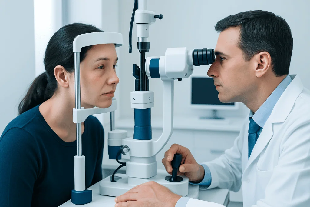 Optometrist examines patient's eyes with slit lamp in clinic setting.