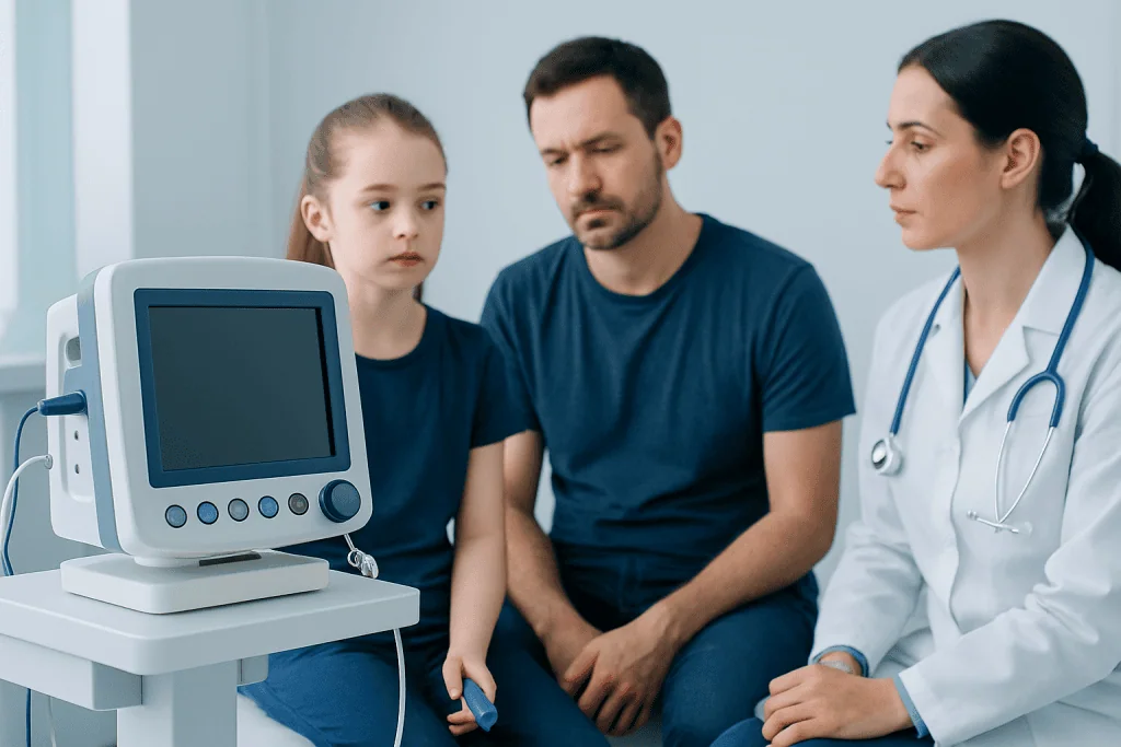 Lead Poisoning Symptoms: Possible Causes and When to Seek Care 1 Doctor and child during medical consultation with monitoring equipment.