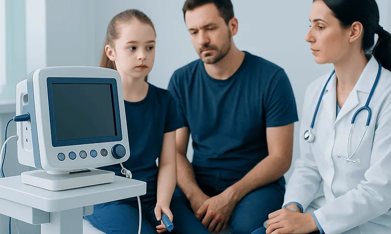 Doctor and child during medical consultation with monitoring equipment.