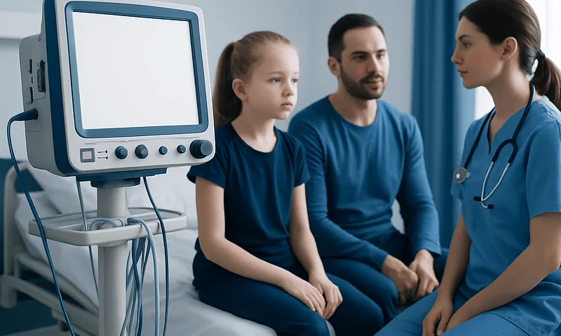 Pediatric consultation in hospital with doctor and young girl patient.