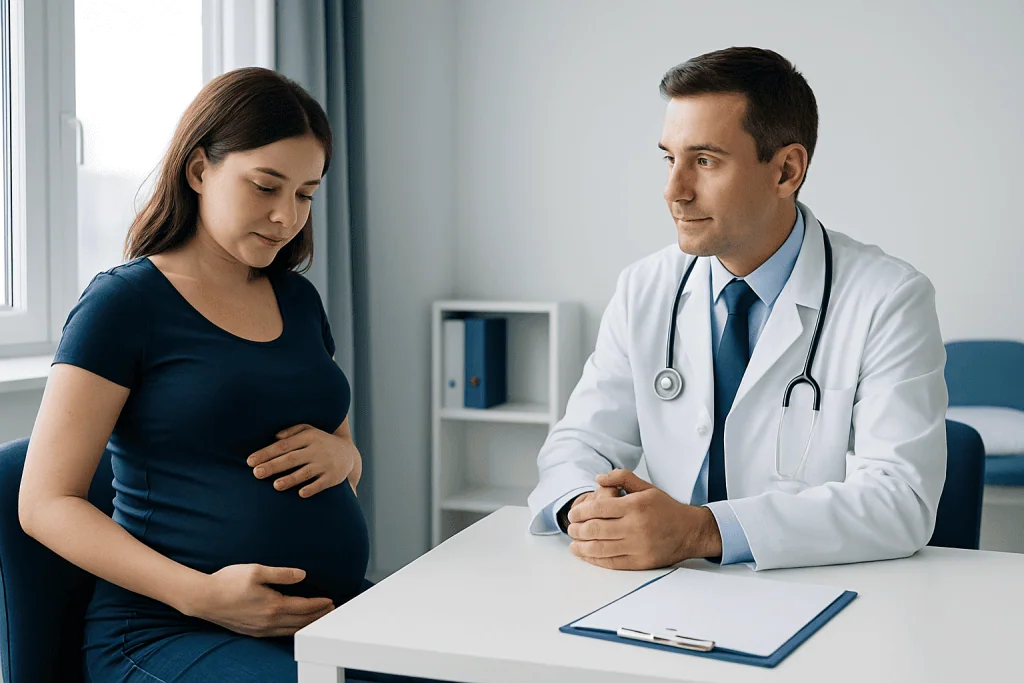 Pregnant woman consulting with a doctor in a medical office.