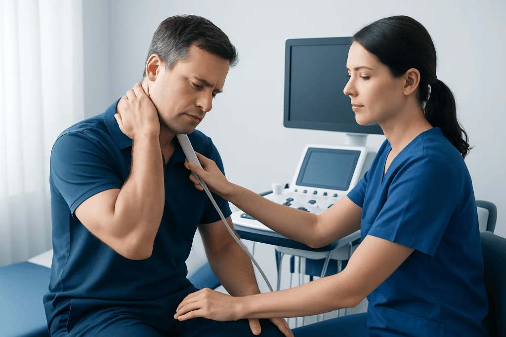 Doctor examining a patient's neck for pinched nerve symptoms.