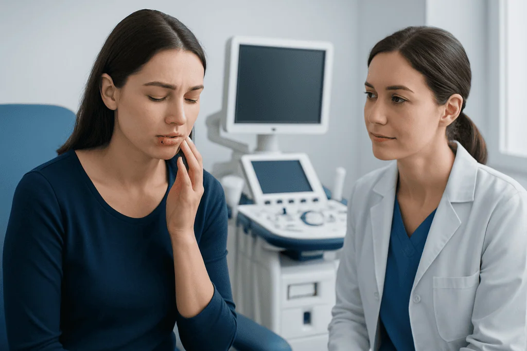 Woman consulting doctor about herpes symptoms in a medical clinic.