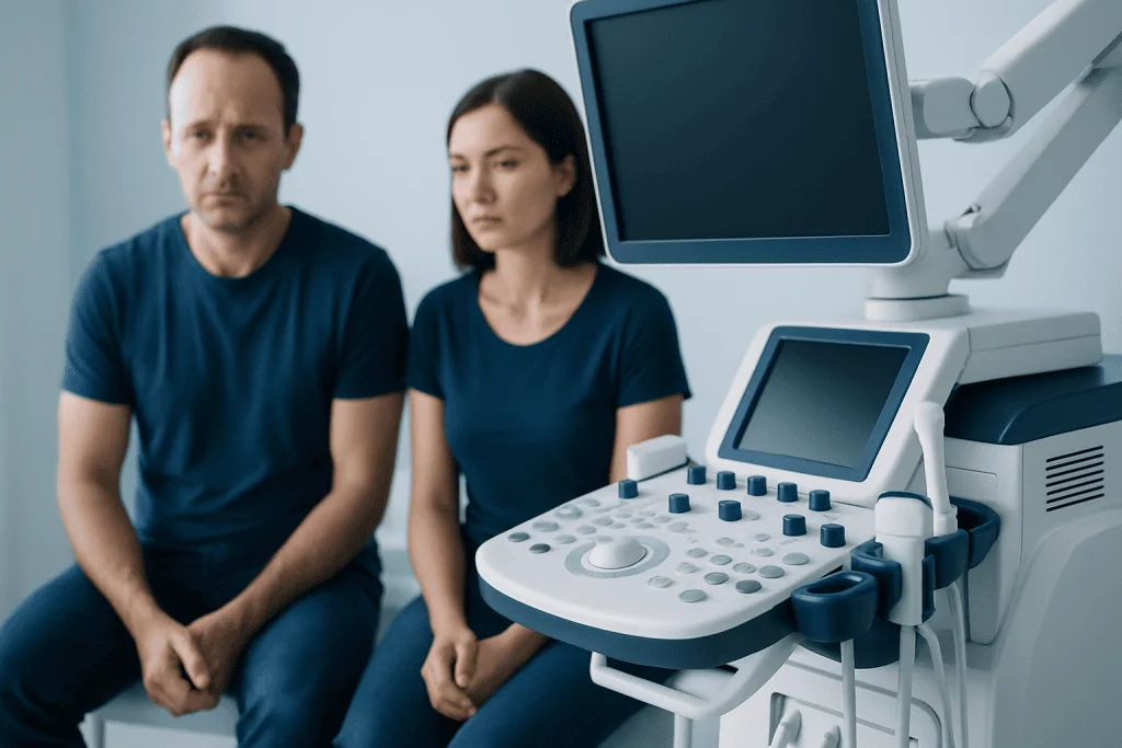Medical consultation with ultrasound equipment at a hospital.