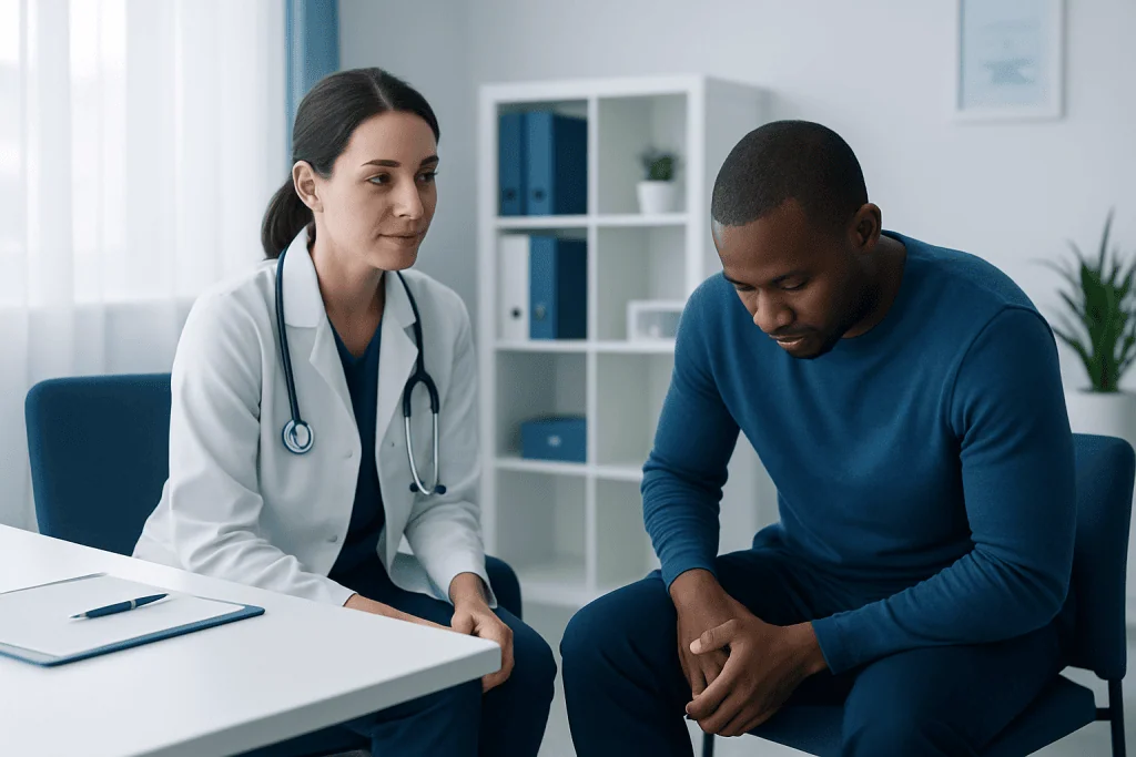 Doctor consulting with a patient about knee pain in a modern clinic.