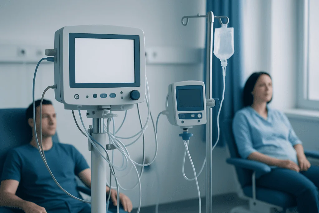 Patients in a hospital room connected to medical monitoring equipment.