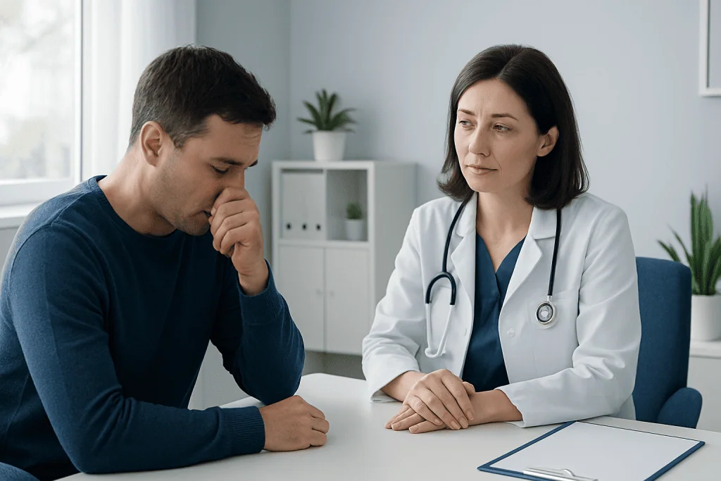 Doctor consulting with a patient about allergies in a modern clinic setting.