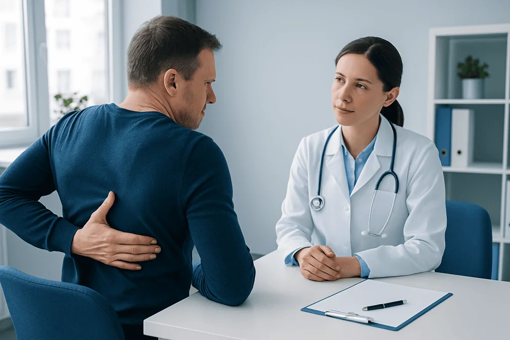Doctor consulting with a patient about back pain in a clinical setting.