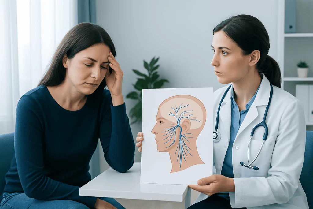 Doctor explaining cranial nerves to patient with headache.