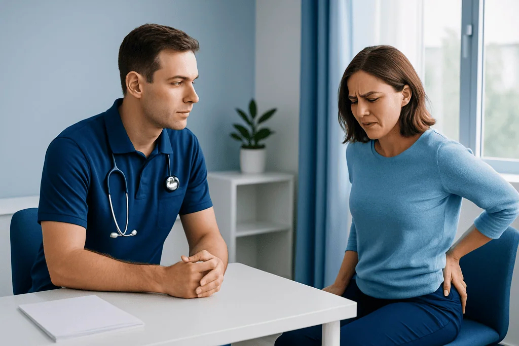 Doctor consulting with a woman patient about lower back pain.