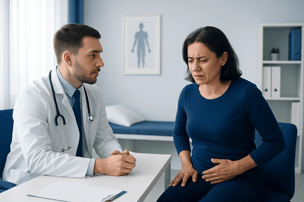 Doctor consulting with a woman patient about iliac health issues.