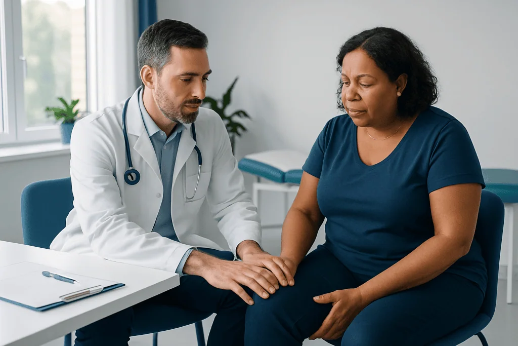 Doctor examining a woman's knee in a medical consultation room.