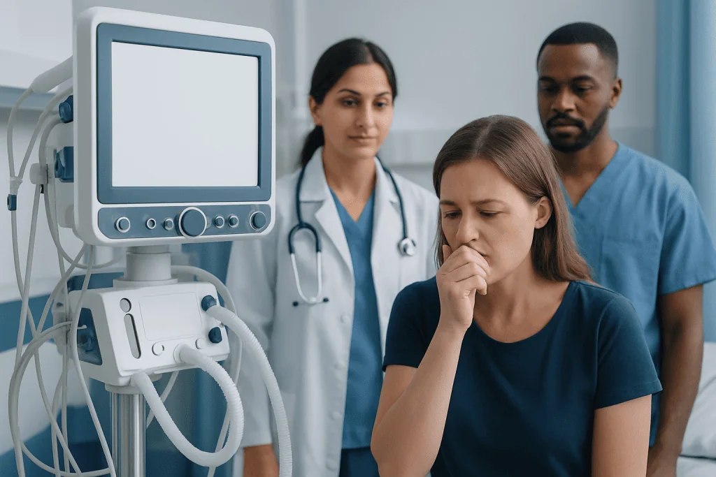 Patient experiencing symptoms in a hospital room with medical staff present.