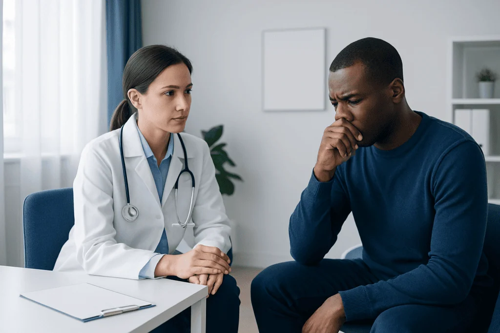 Doctor consulting with a patient in a medical office setting.