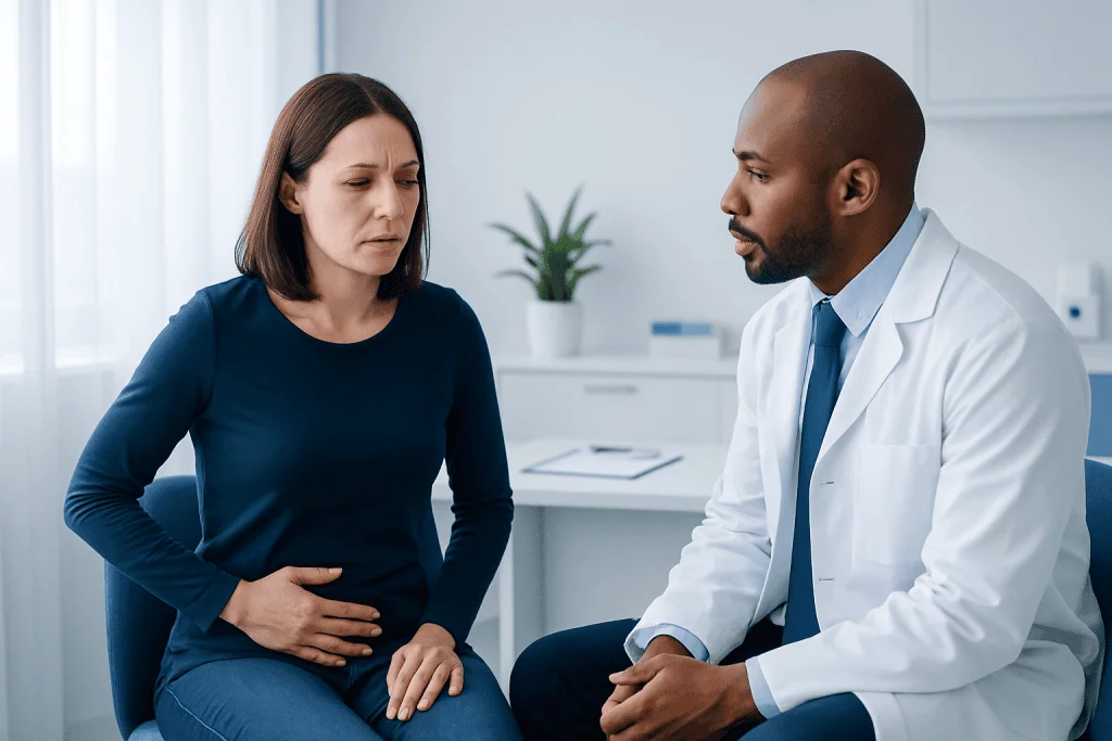Doctor consulting with a woman patient about stomach discomfort.