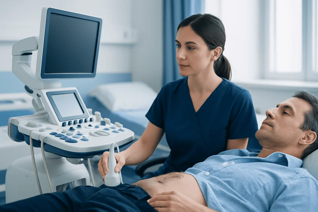 Medical professional performing an ultrasound on a male patient in a hospital room.