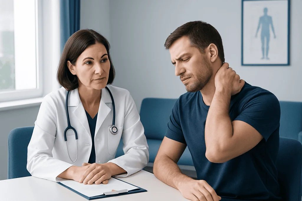 Doctor consulting with patient about neck pain and muscle issues.