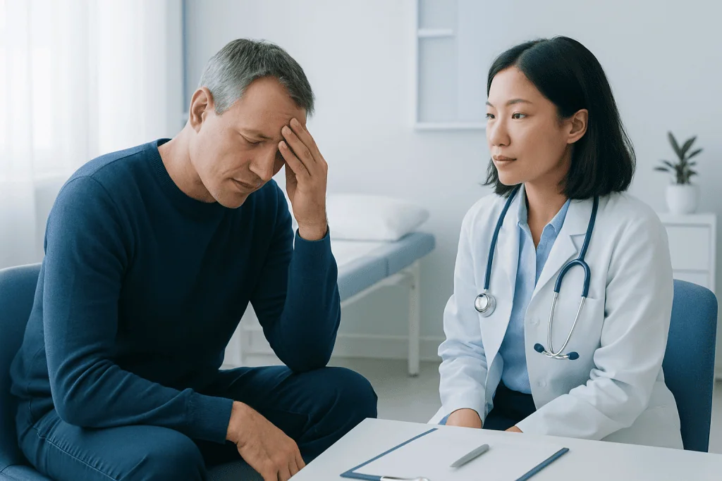 Patient experiencing headache consulting with doctor in hospital setting.