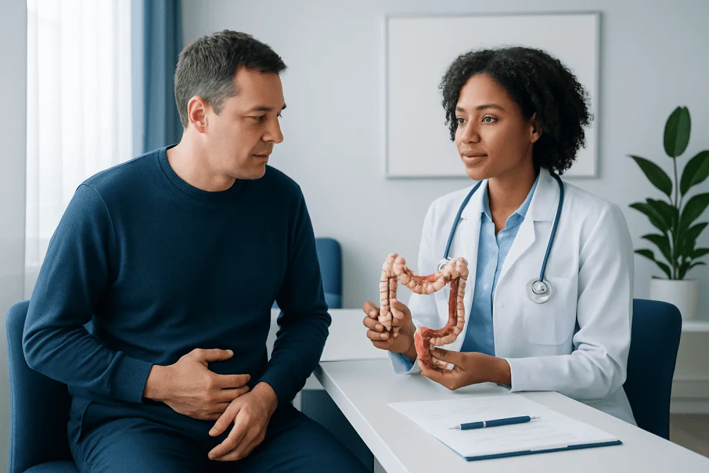 Doctor explaining colon health to patient in consultation room.