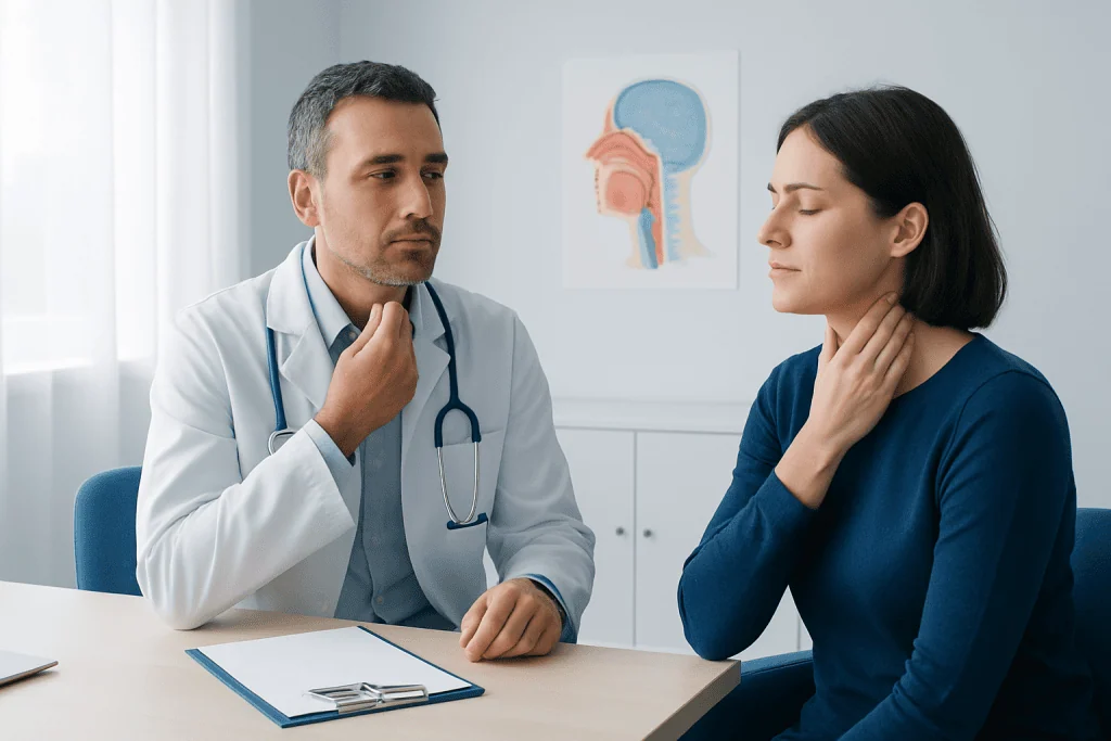 Doctor examining a patient's throat during consultation at Acibadem Hospital.