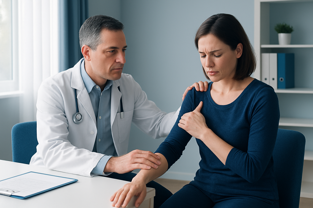 Doctor examining woman's shoulder for pectoral girdle issues.