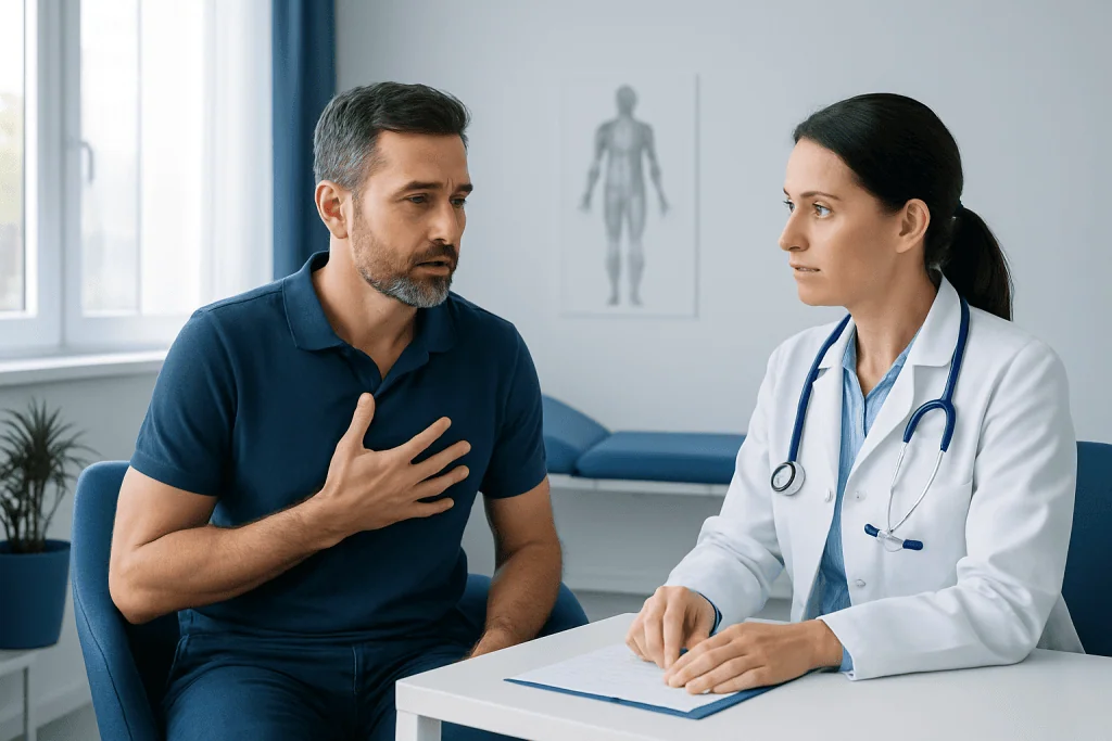 Doctor explaining pectoralis minor muscle to patient in consultation room.