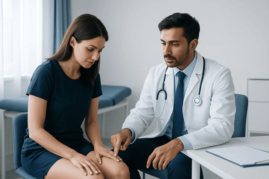 Doctor examining a patient's knee in a medical consultation room.