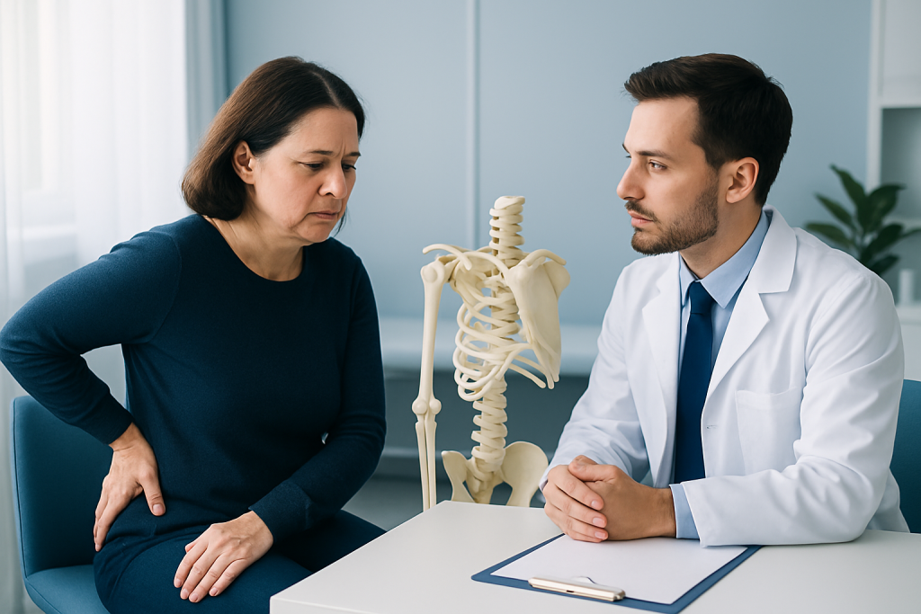Doctor consulting with a patient about shoulder pain and scapula health.