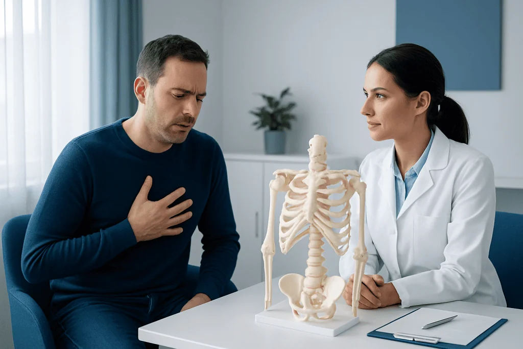 Doctor explaining sternum anatomy to patient with model in clinic.