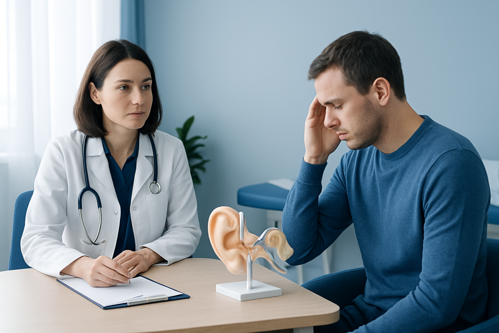 Patient consulting with ENT specialist about ear health and treatment options.