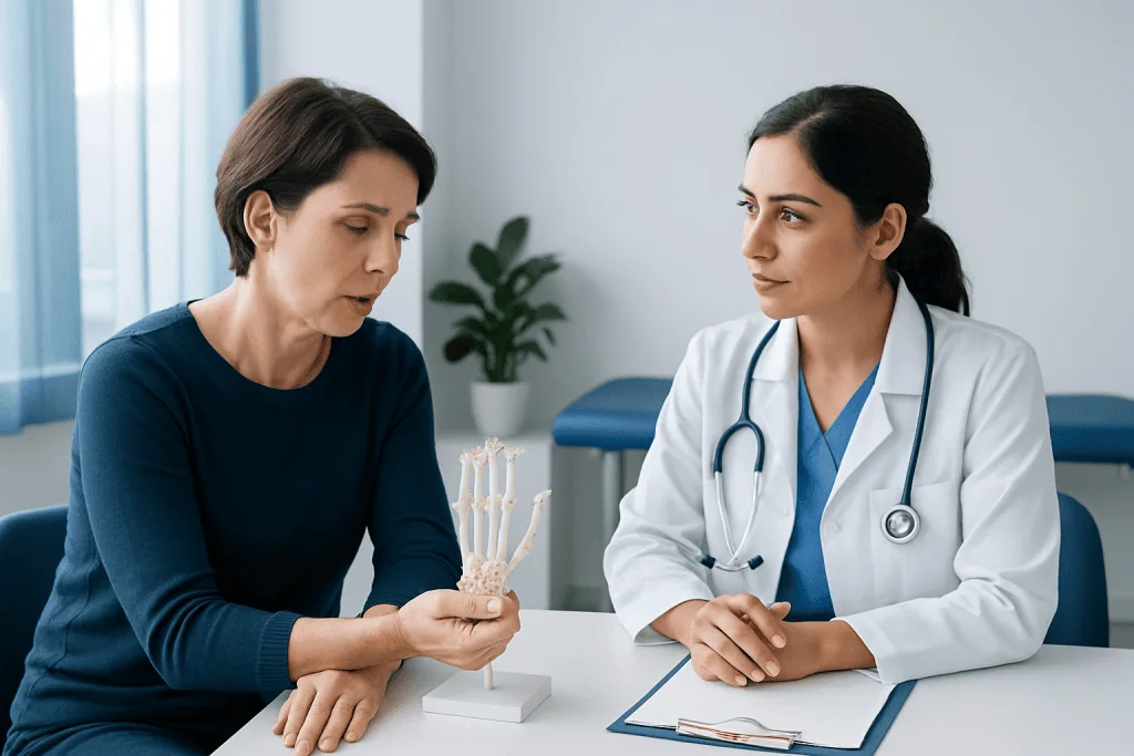 Doctor explaining trapezium bone to patient in consultation room.