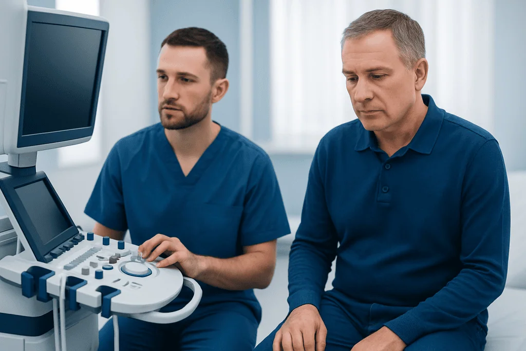 Doctor performing an ultrasound examination on a male patient.