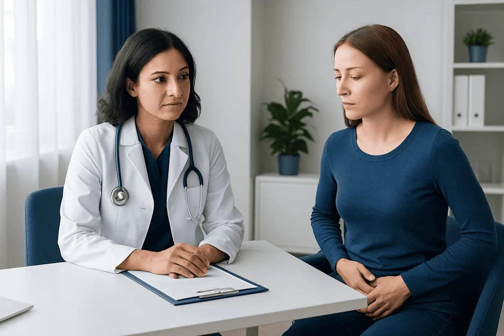 Doctor consulting with a patient about bladder infection symptoms.