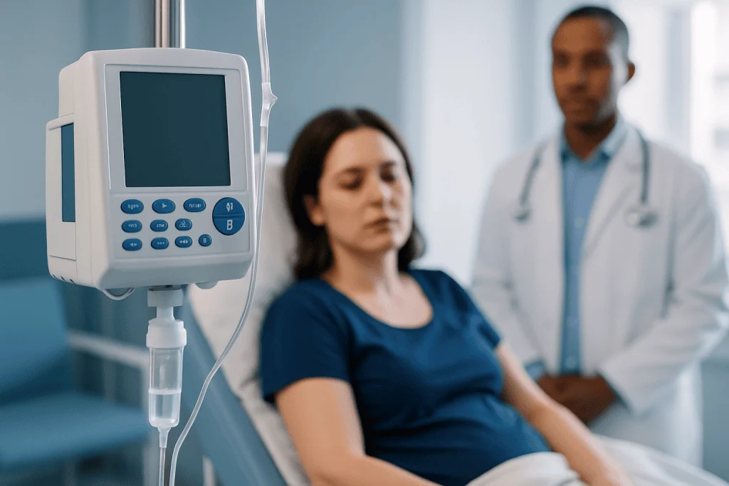 Patient in hospital bed with medical monitor and doctor in background.