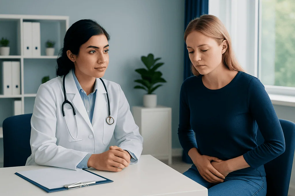 Doctor consulting with a patient about vaginal health and symptoms.