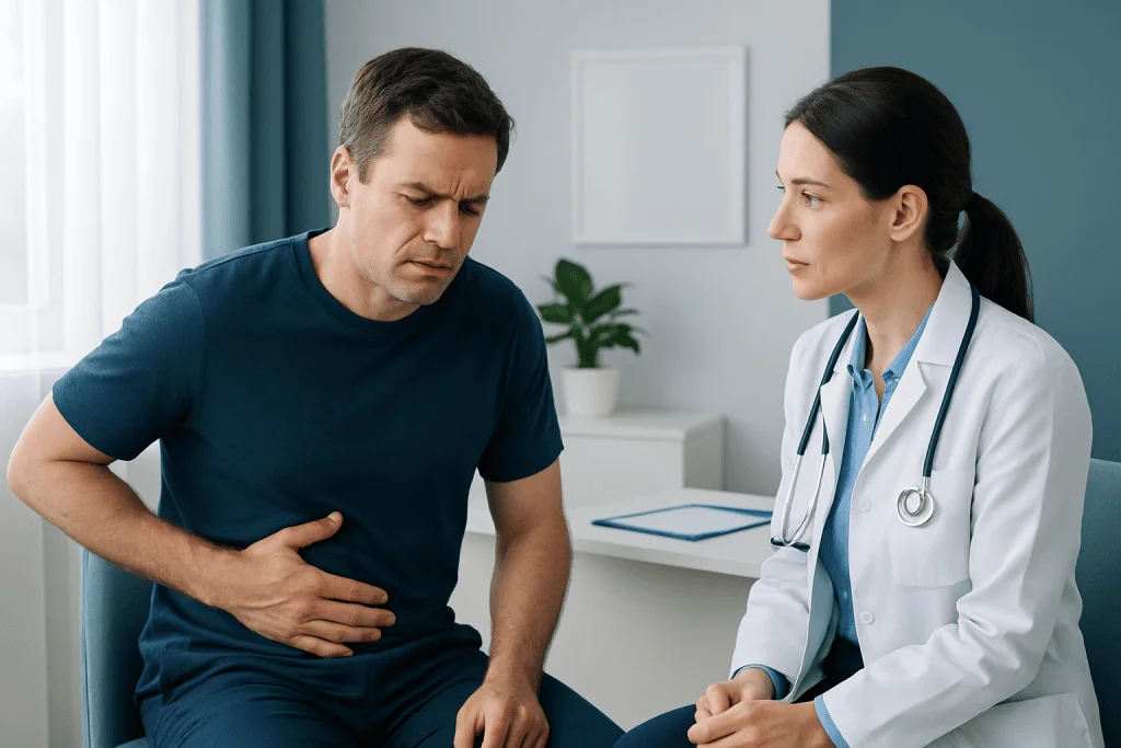 Patient experiencing stomach pain during consultation at Acibadem Hospital.
