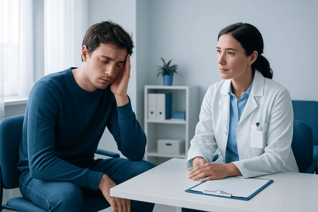 Young man consulting with a doctor about health concerns in a medical office.