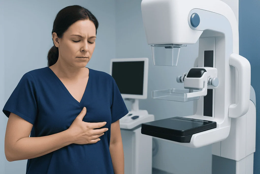 Woman experiencing breast discomfort during mammogram at Acibadem Hospital.
