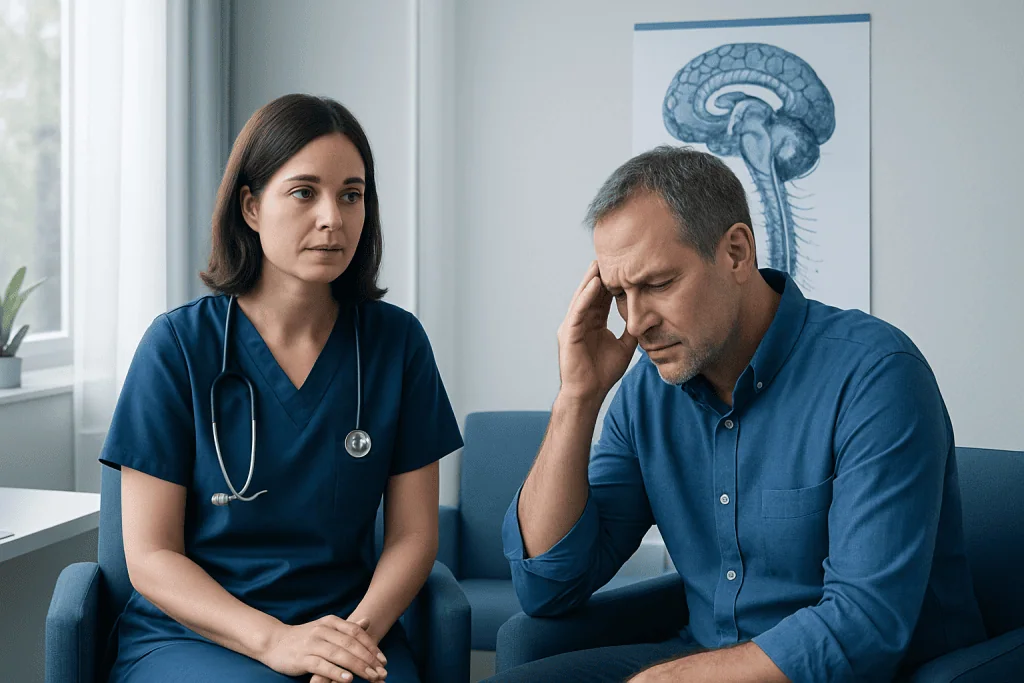 Doctor consulting with a patient experiencing headache in a medical office.
