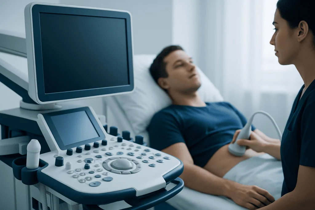 Medical professional performing an ultrasound on a patient in a hospital room.