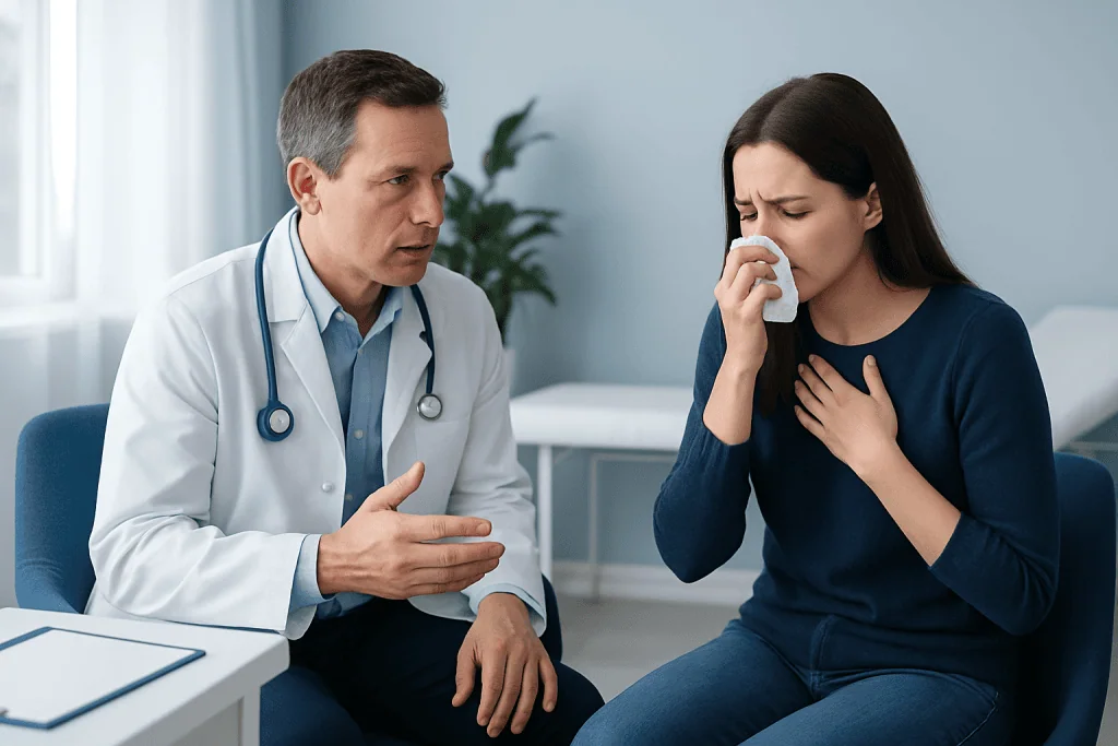 Doctor consulting with a woman patient in a medical office.